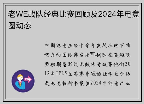 老WE战队经典比赛回顾及2024年电竞圈动态