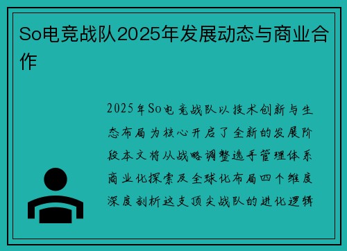 So电竞战队2025年发展动态与商业合作